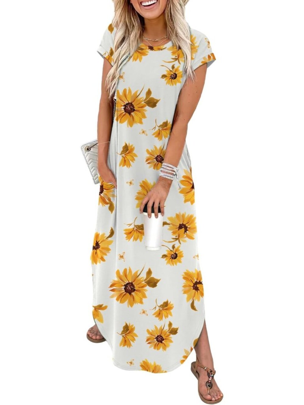 〽️Yellow Floral Summer Maxi Dress Women’s Crew Neck Cap Sleeve Pocket Casual